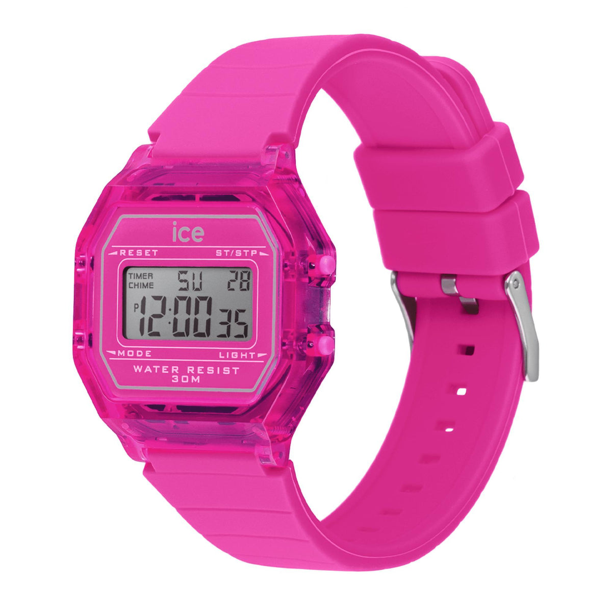Neon pink digital watch with silicone strap and LCD display, water resistant 30M