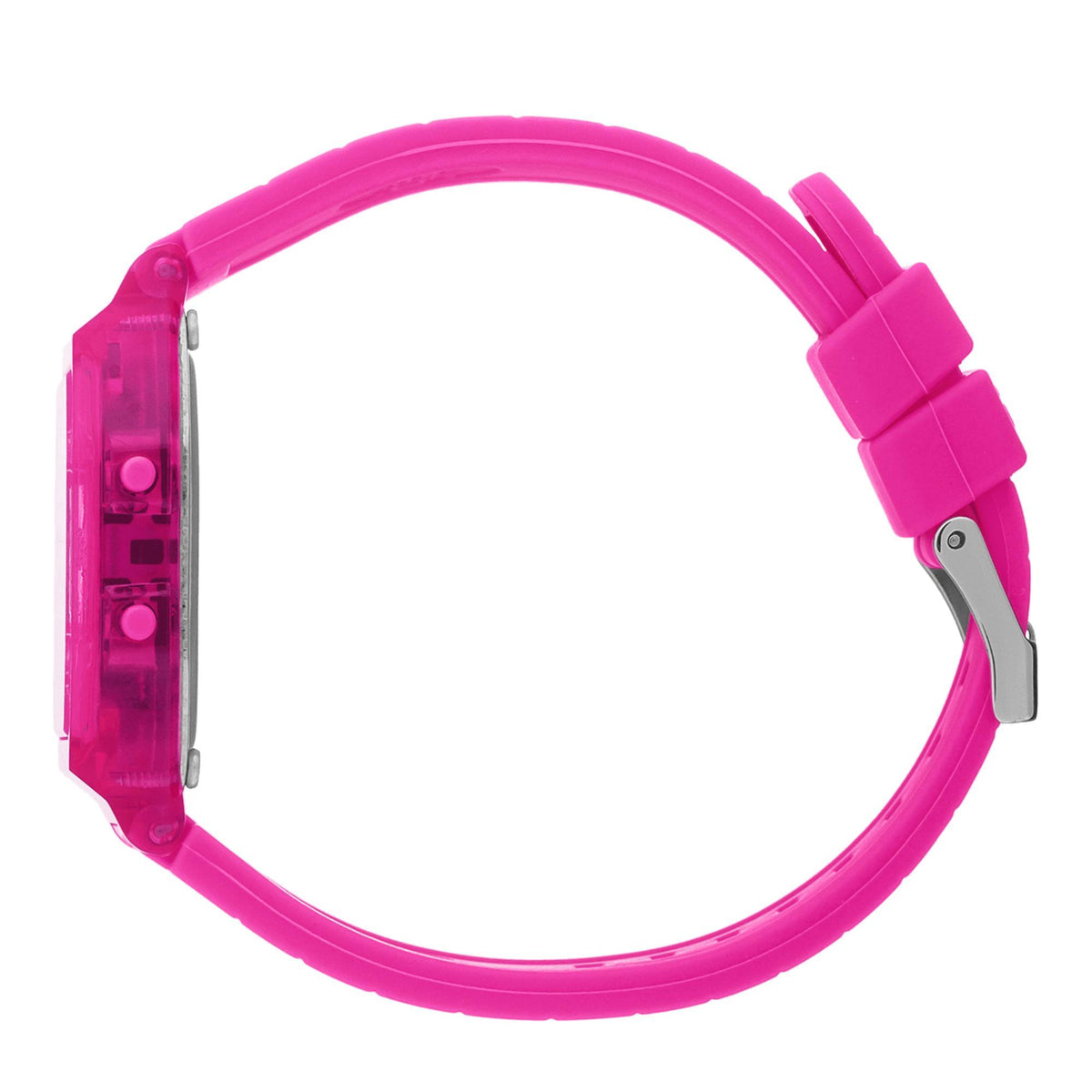Neon pink silicone watch strap with metal clasp and buckle, side view