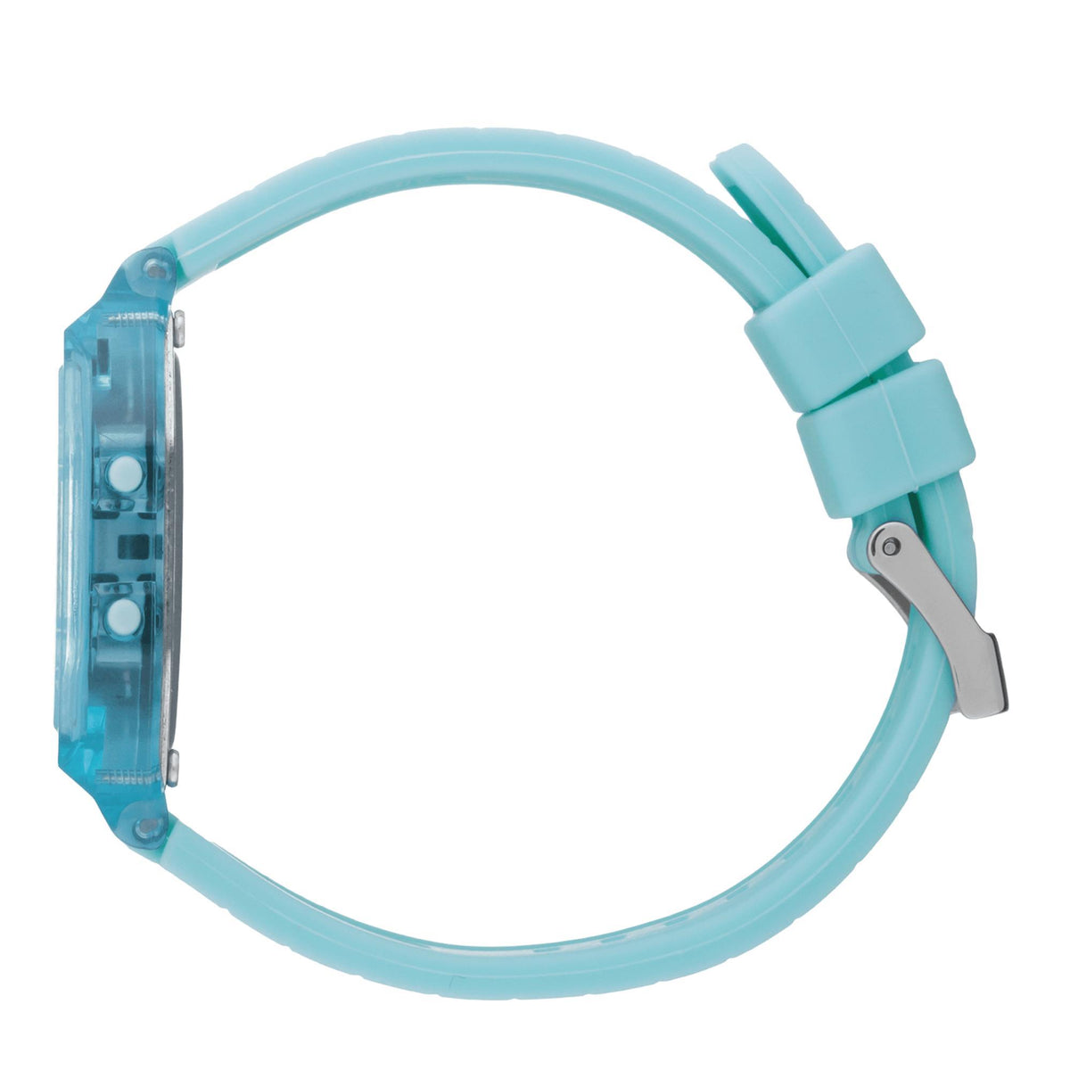 Men's sky blue silicone-strap digital watch, side view with clasp and buttons