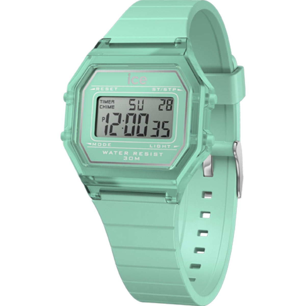 Mint green digital men’s watch with clear case and silicone strap, LCD display view