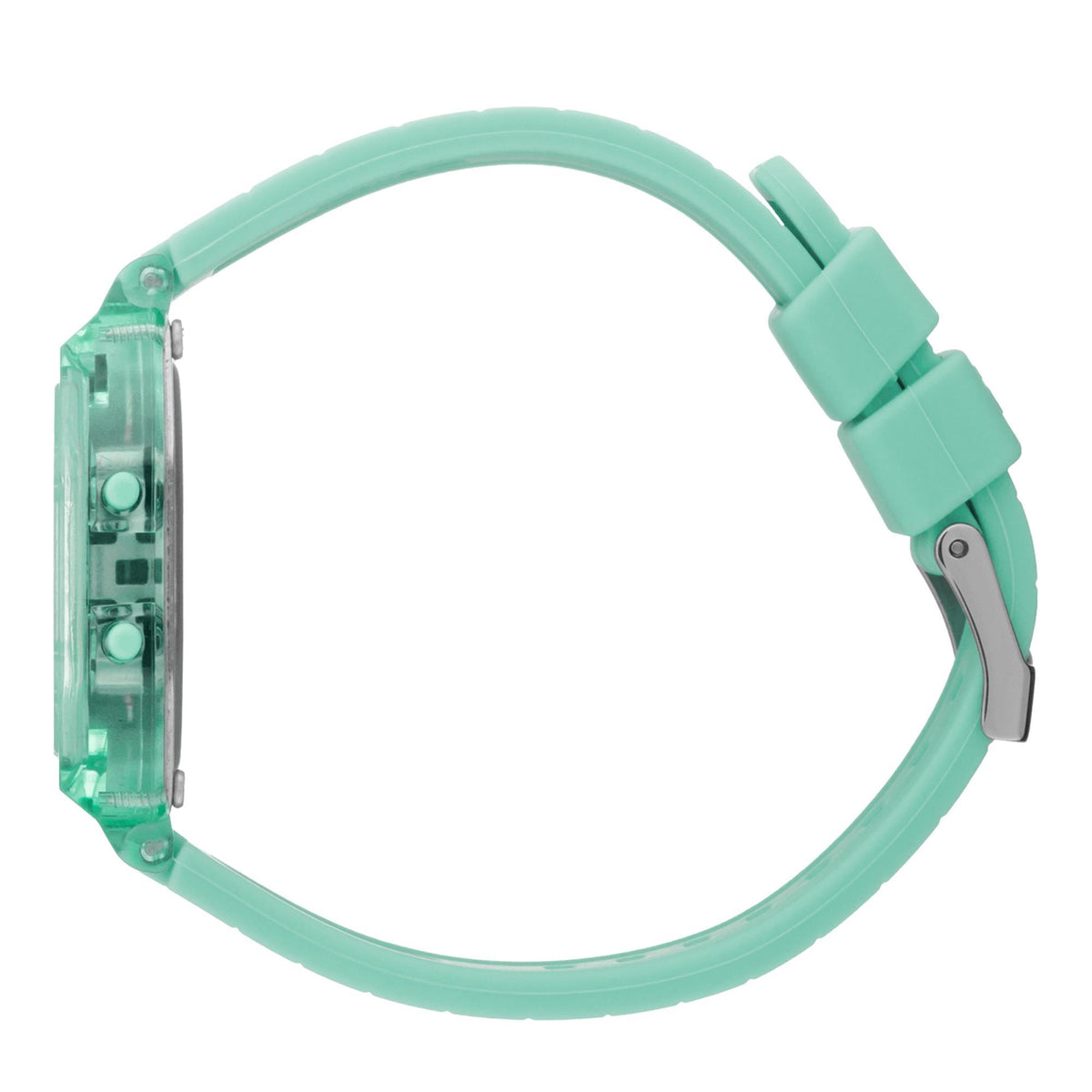 Mint green digital men’s watch showing left-side view and clear case with silicone strap