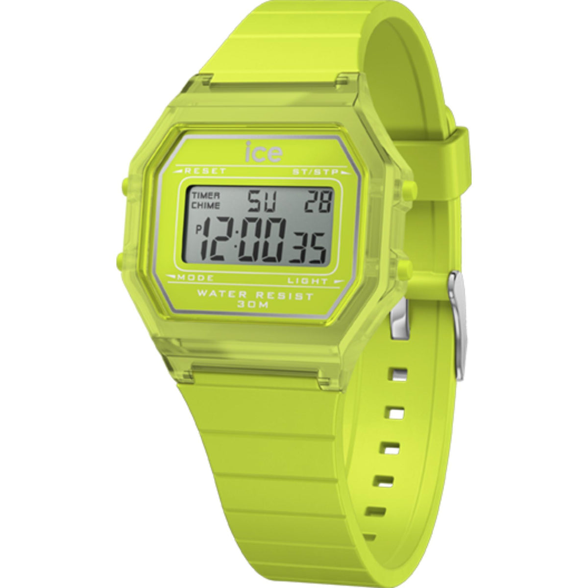 Lime green ICE digital watch with clear case, silicone strap, LCD time display