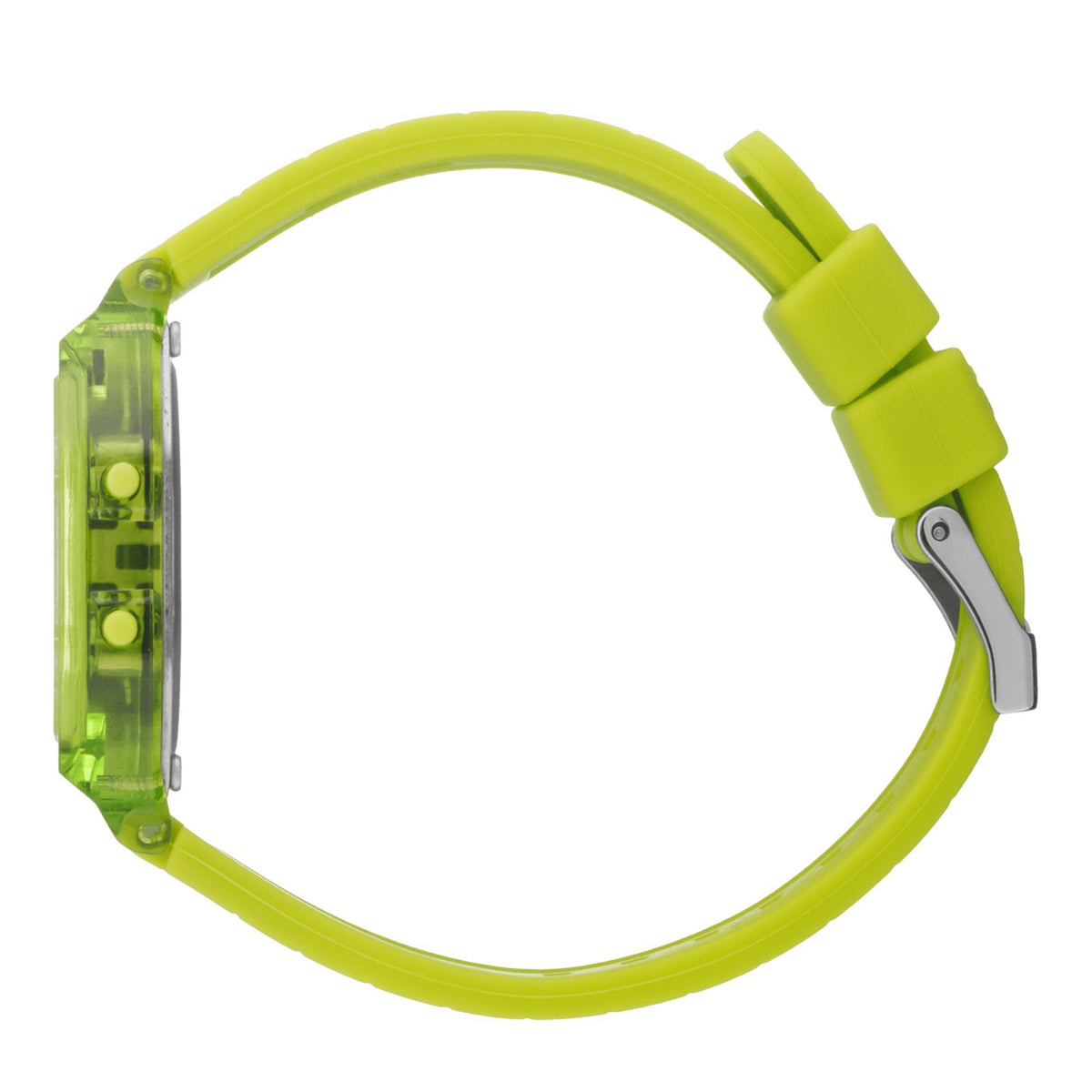 Lime green ICE digital watch silicone strap with metal clasp, clear case back