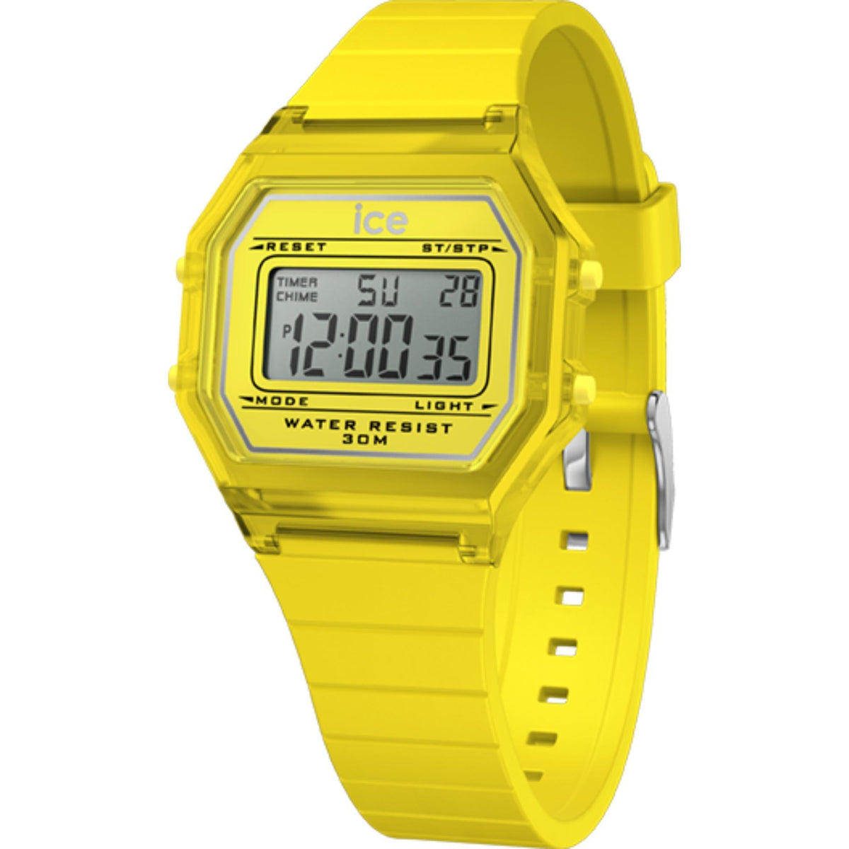 Yellow digital men's watch with clear silicone strap and rectangular LCD display.