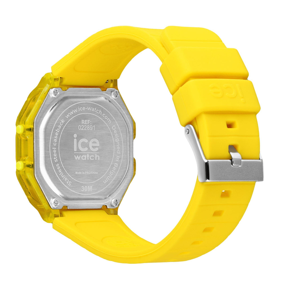 Yellow digital men's watch case back with gray panel and clear silicone strap.