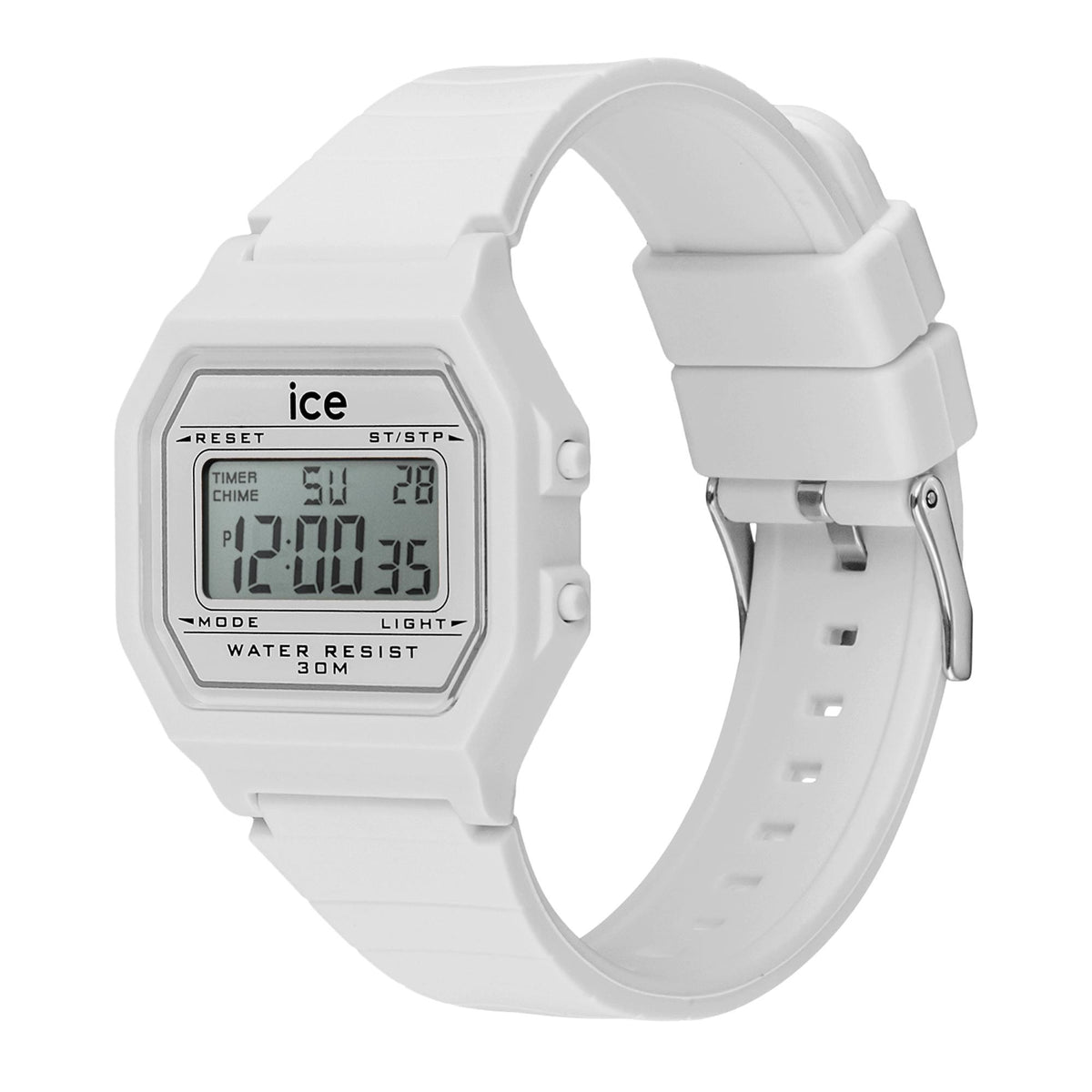 White digital women's watch with silicone strap and square LCD display