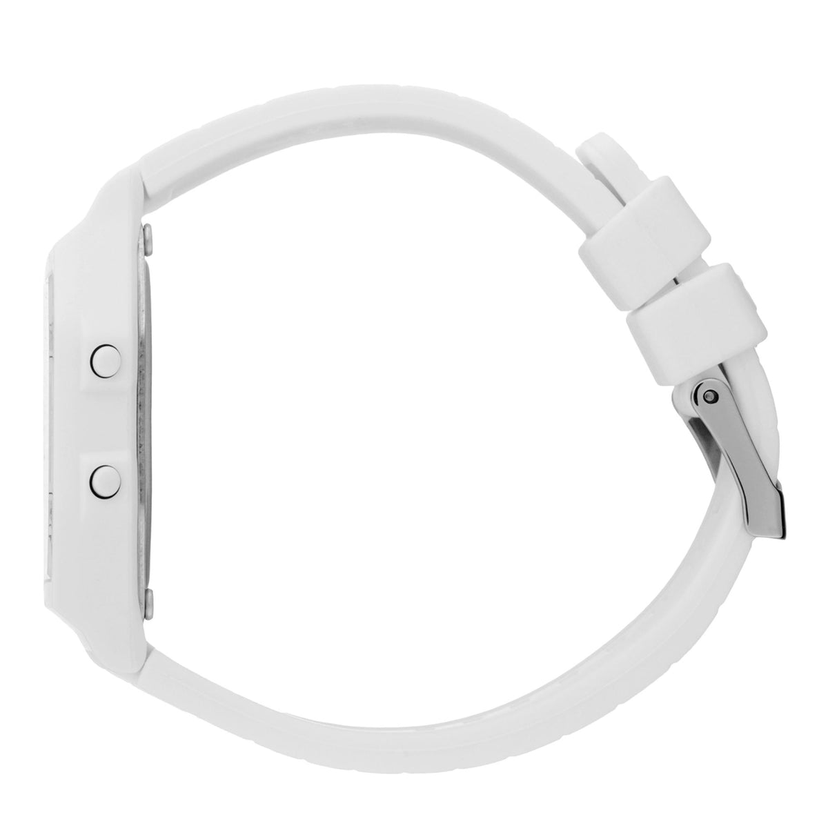 White silicone strap women's watch, side buttons and clasp detail