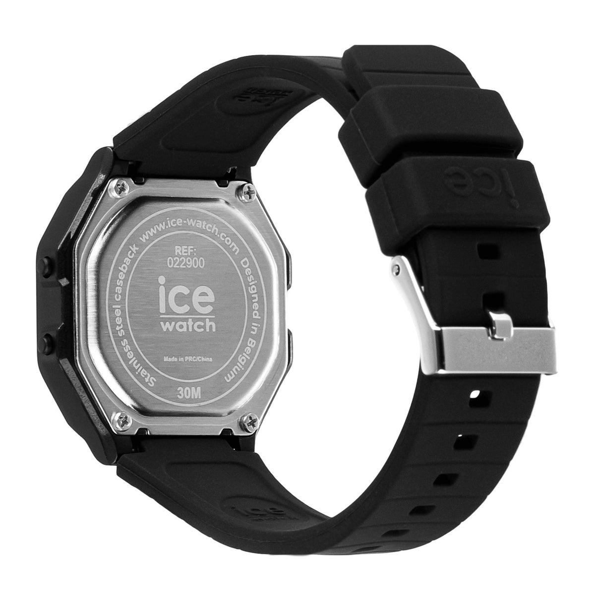 Black digital watch with stainless steel backplate and black silicone strap, side view.