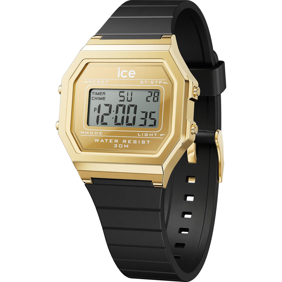 Gold digital men’s watch with black silicone strap and rectangular LCD time display