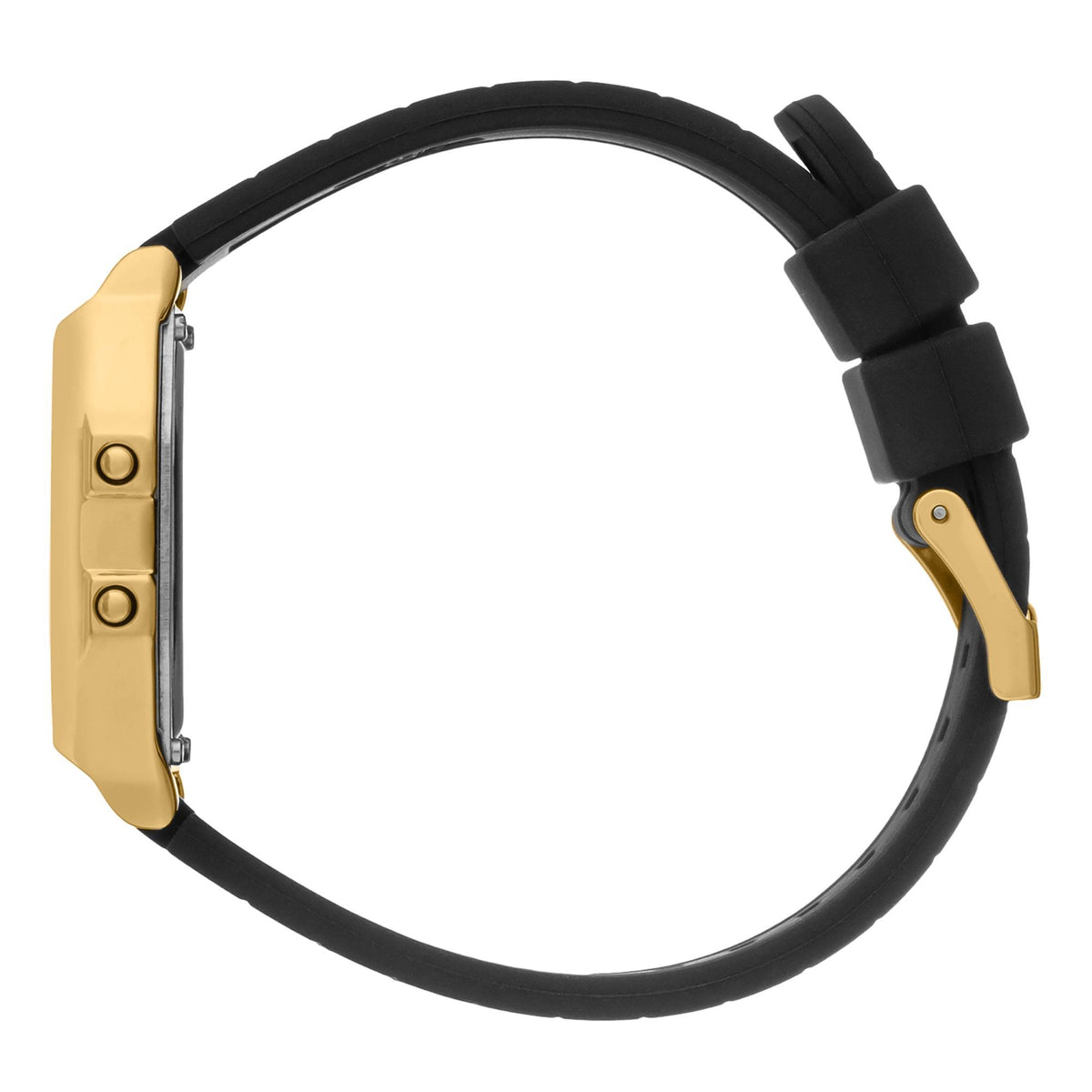 Gold-toned digital men’s watch with black silicone strap and gold-toned side buttons