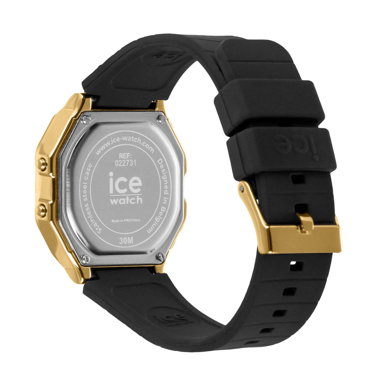Gold-framed digital men’s watch with black silicone strap and transparent caseback