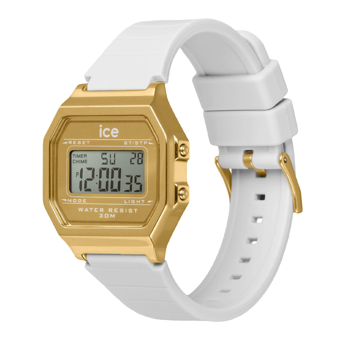 Gold digital wristwatch with white silicone strap and rectangular LCD display
