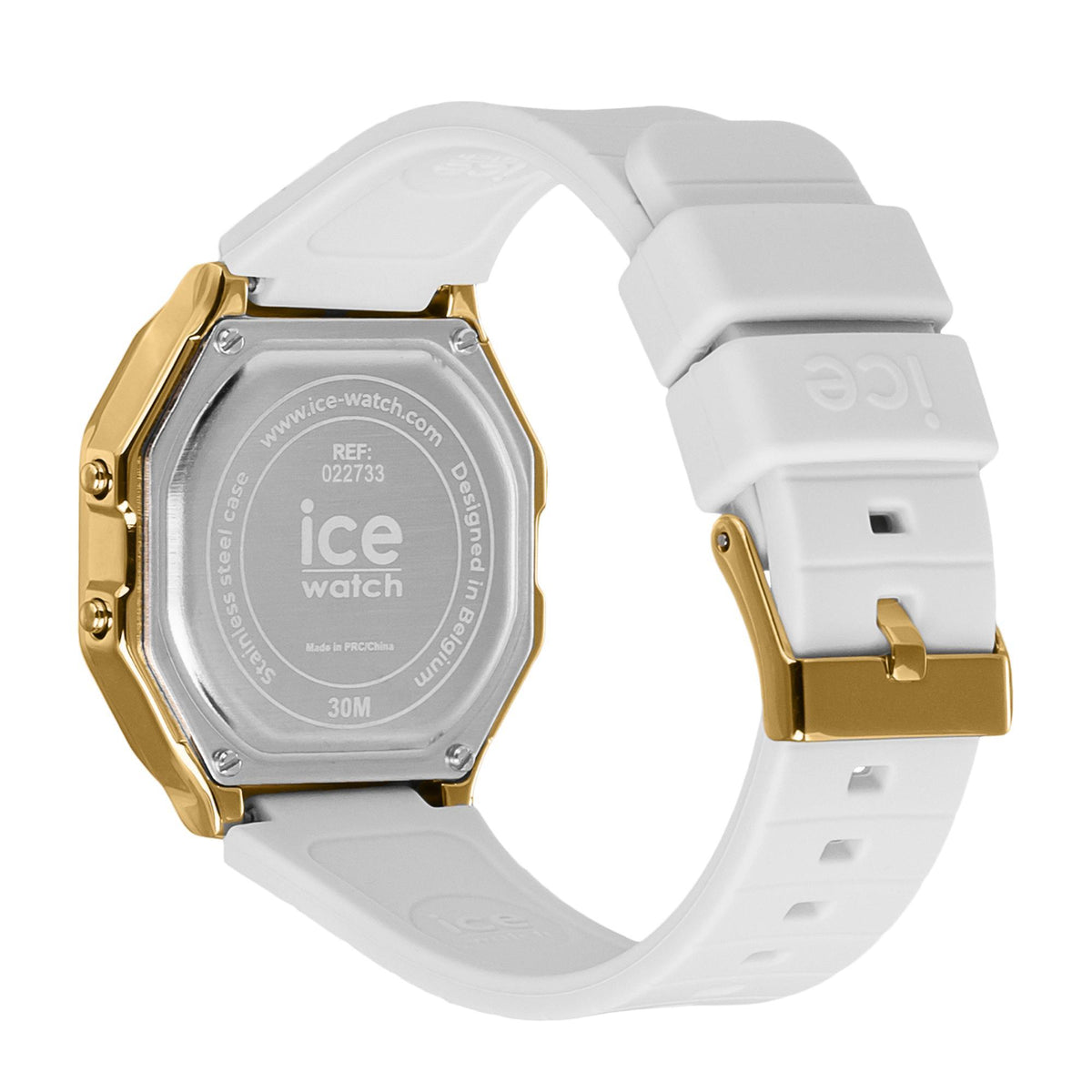 Gold and silver case back digital watch with white silicone strap and ice watch logo
