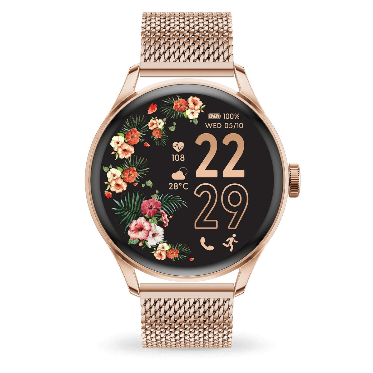 Rose gold smart watch with Milanese mesh band and floral AMOLED face showing 22, 26, 29