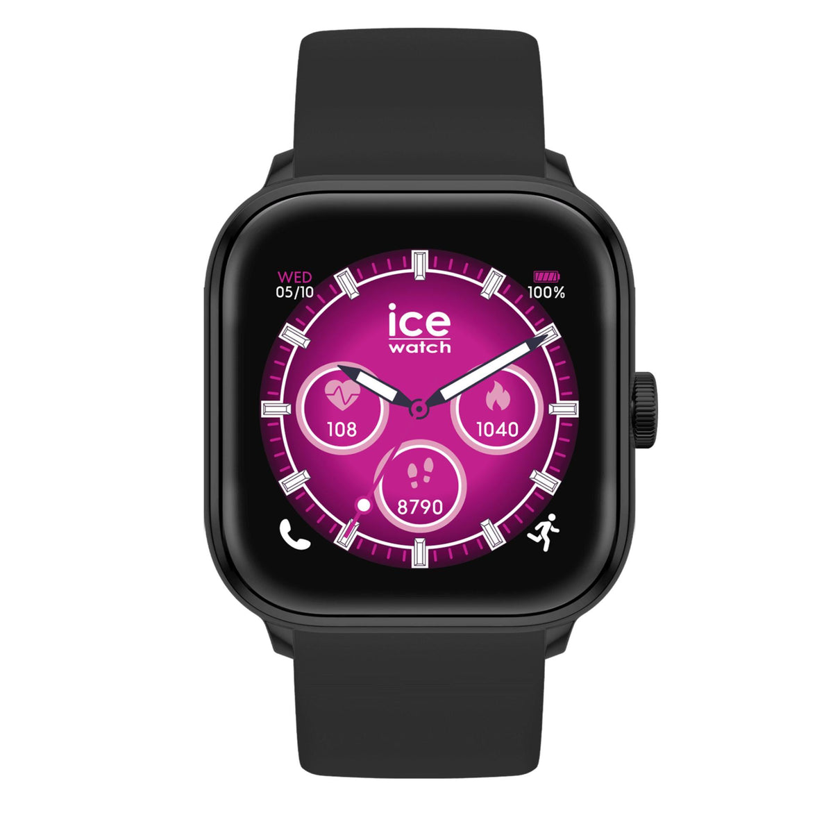 Black AMOLED digital smartwatch with purple sports dial and side crown