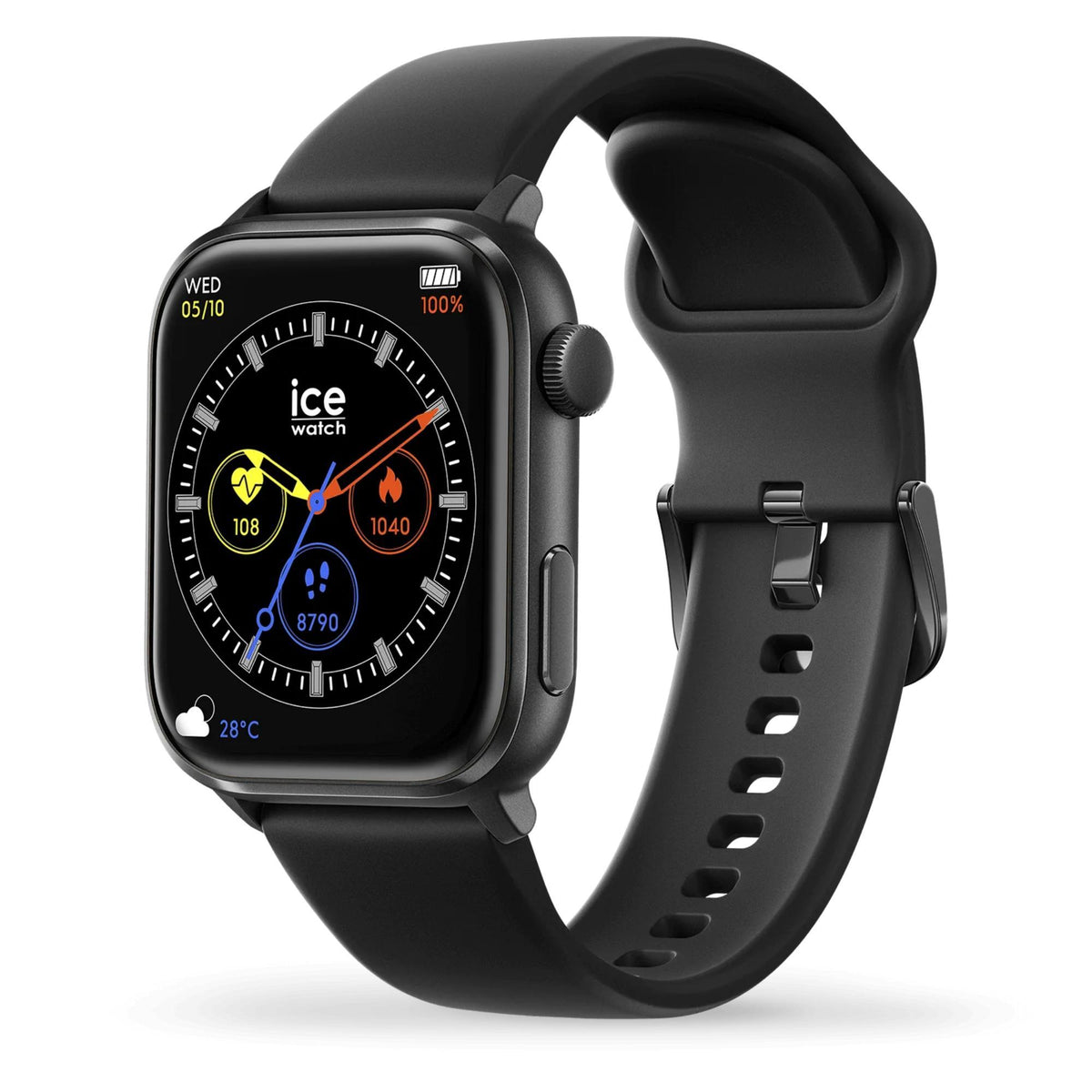 Black smartwatch angled view, black silicone band with perforations, round AMOLED dial