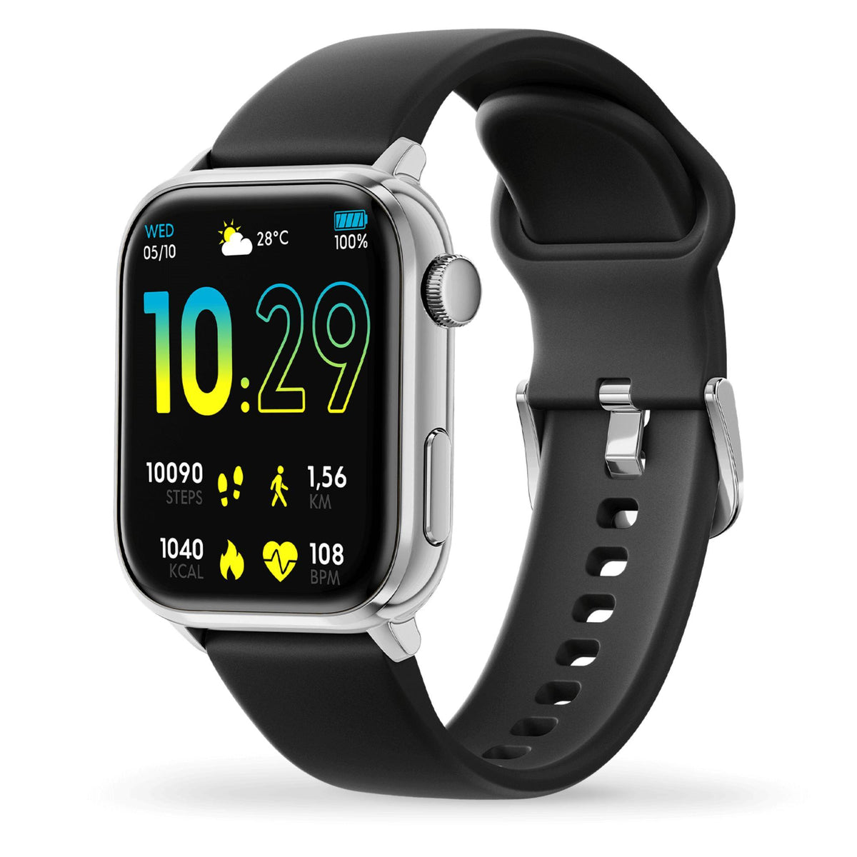 Digital smartwatch with black silicone strap, silver side crown, and AMOLED display showing time