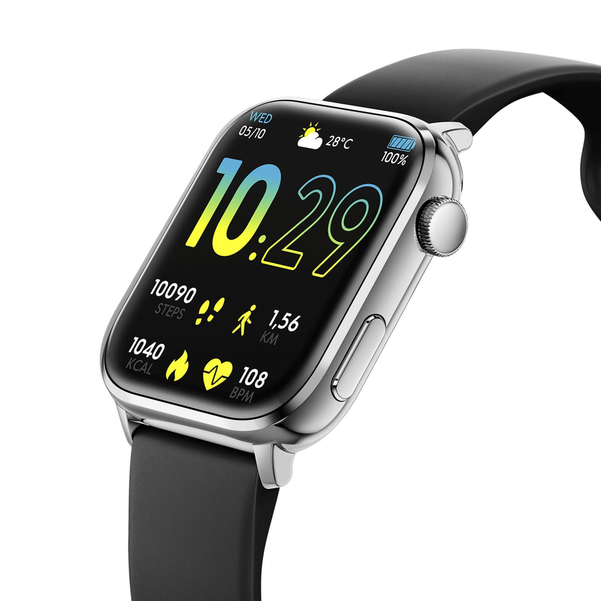 Digital smartwatch with black silicone strap and silver case, angled view of AMOLED time display