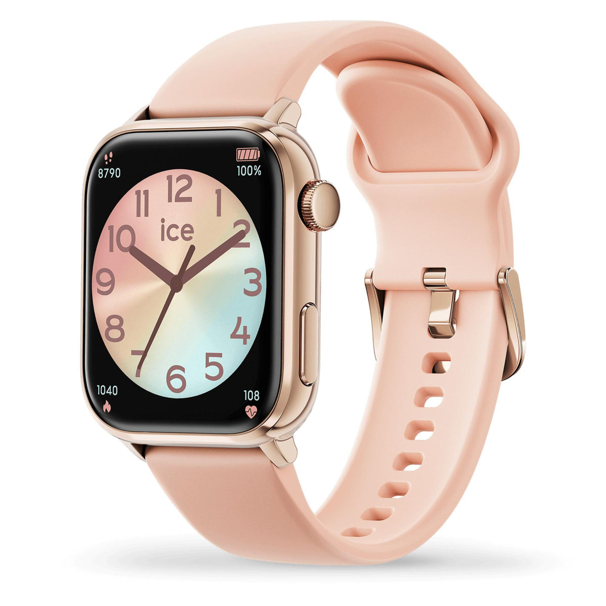 Rose gold smartwatch with nude pink silicone band, strap clasp details, black AMOLED clock