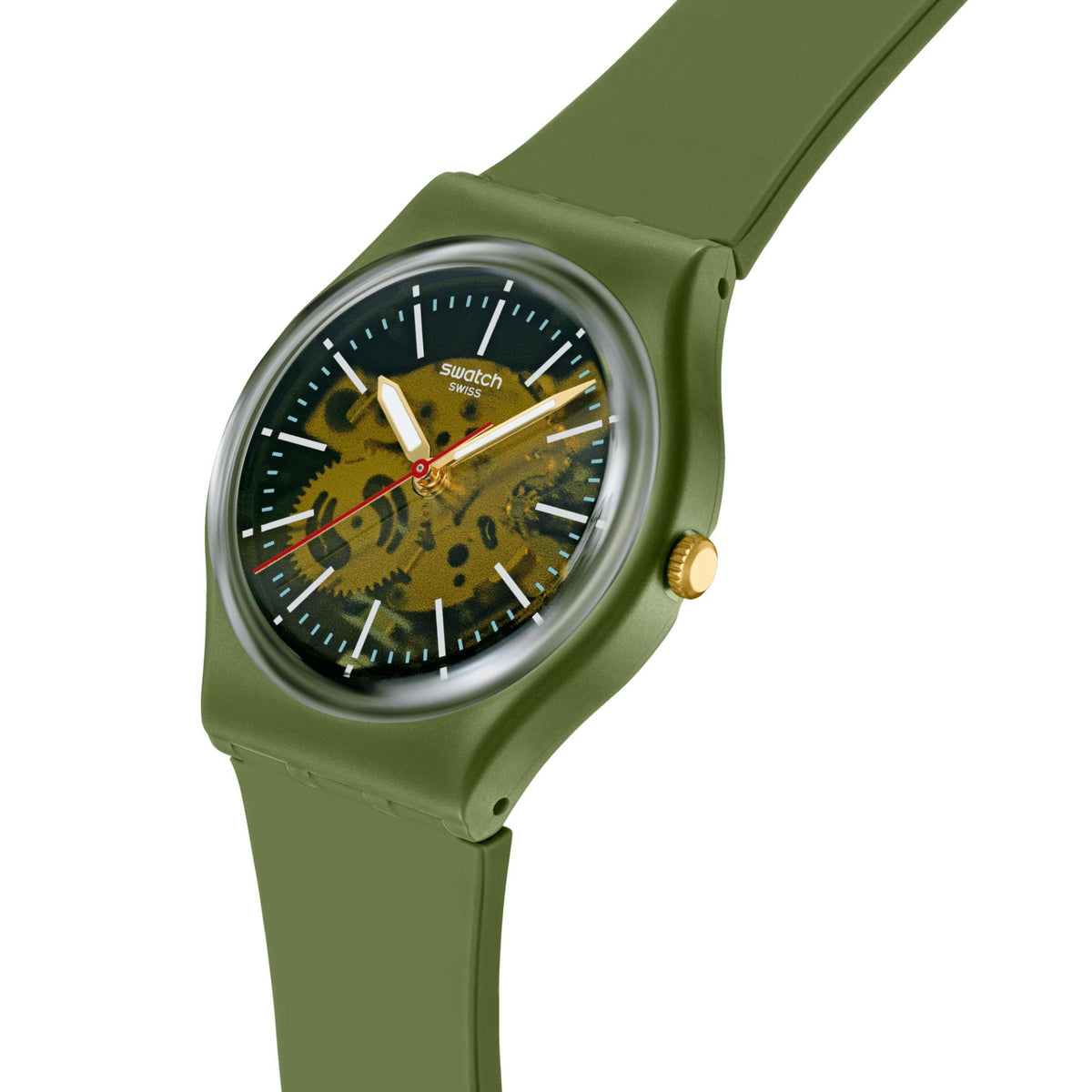 Men's quartz watch close-up: green strap, round dial with camo pattern and gold hands