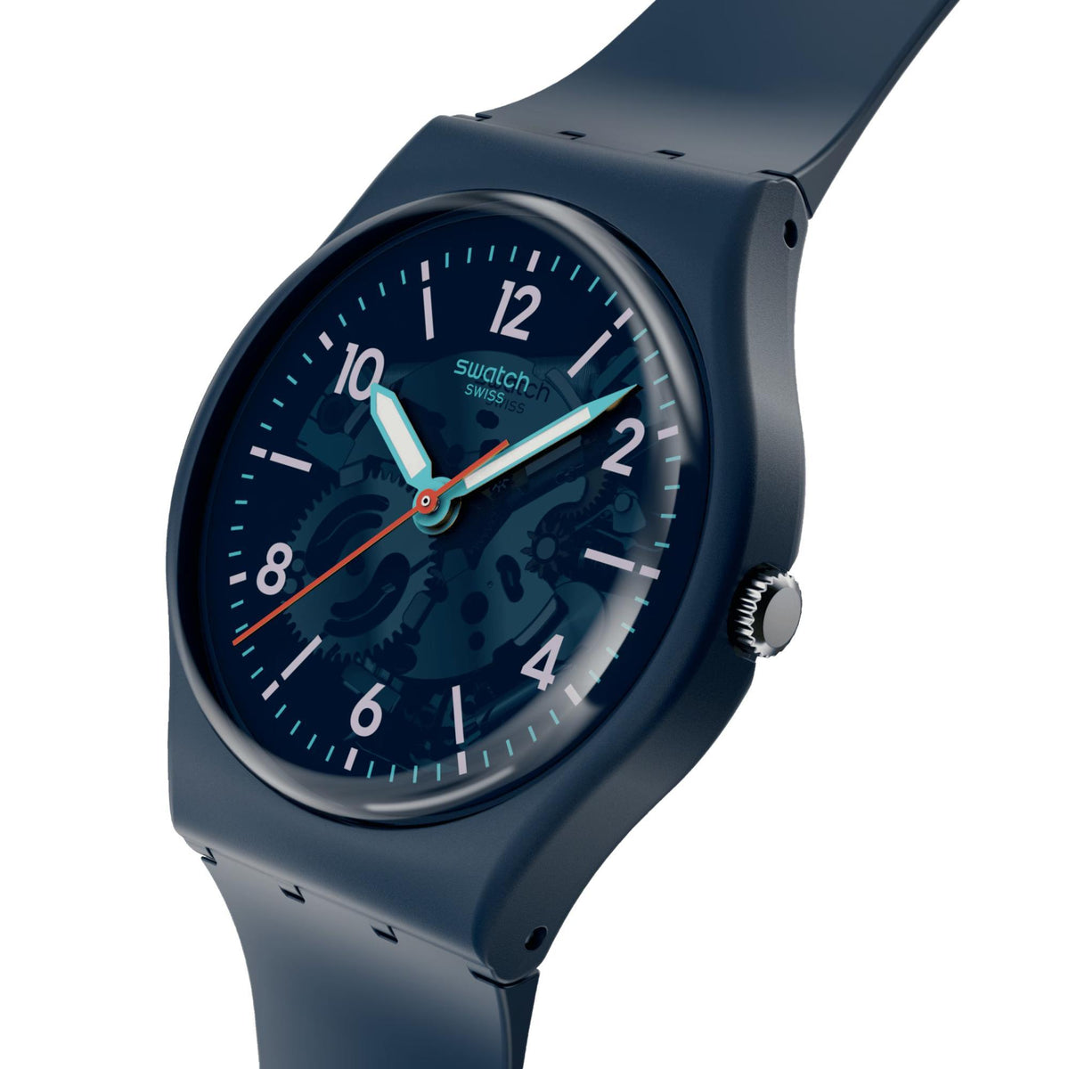 Biosourced quartz watch close-up: dark blue dial, turquoise hands, dark blue strap