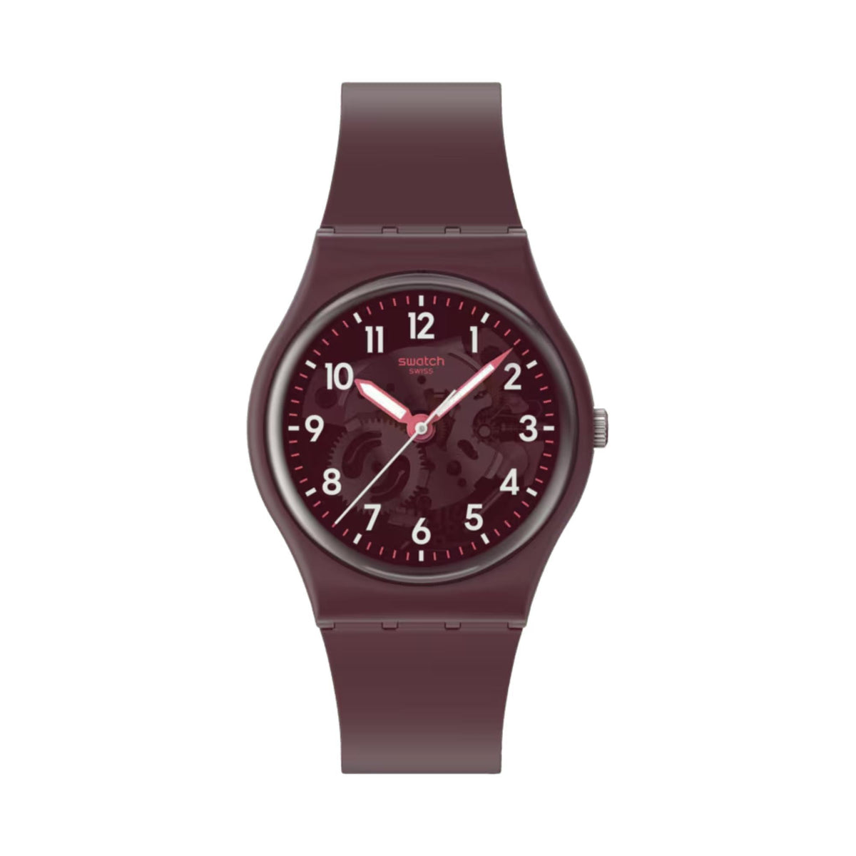 Men's quartz watch with red dial and dark maroon resin strap, round case