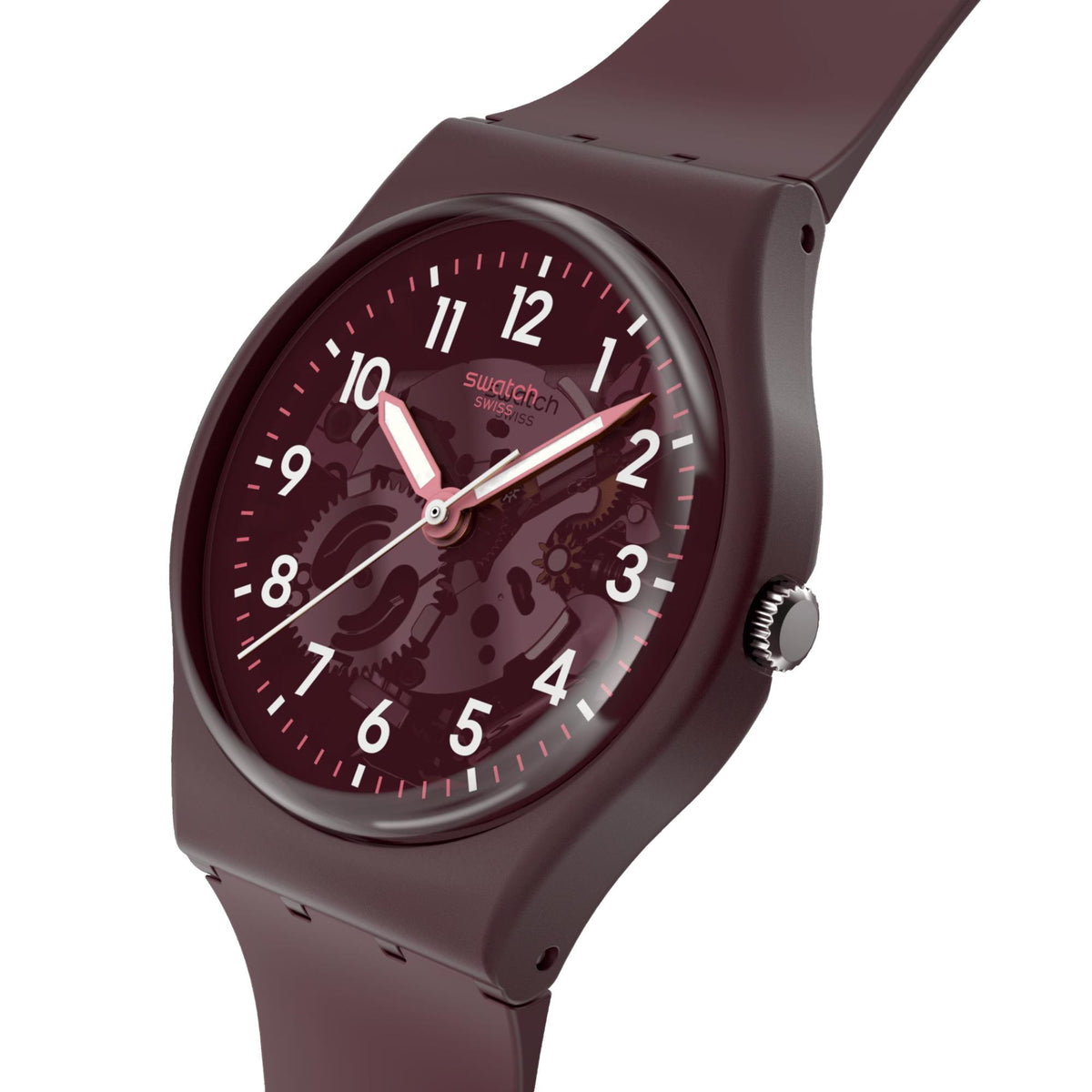 Men's quartz watch close-up with red dial, baton markers, and dark maroon case