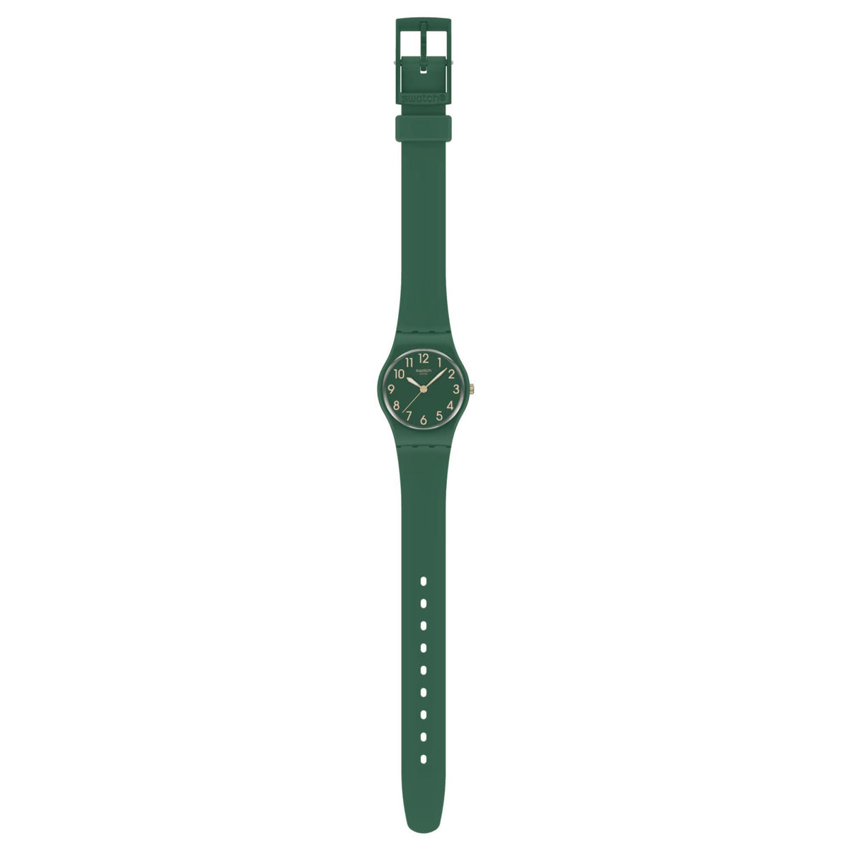 Green rubber strap watch with buckle, showing the round dial at the top