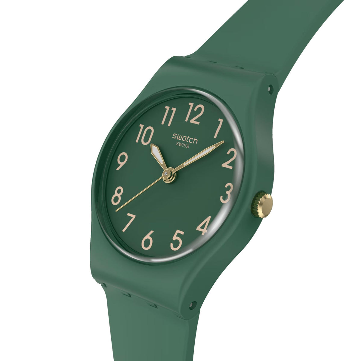 Green quartz wristwatch with round green dial, gold-tone hands and crown detail