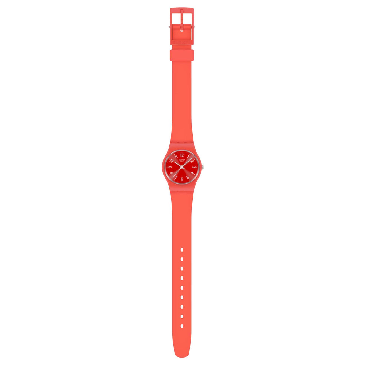 Coral red silicone watch band with small round red dial and buckle clasp