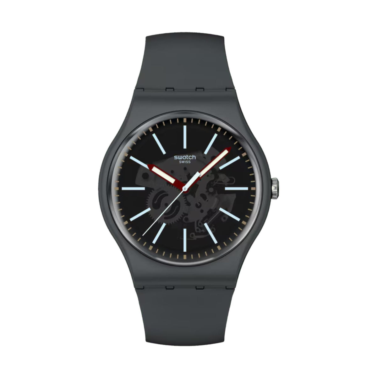 Swatch men's quartz watch with dark gray silicone strap and black dial with red accents