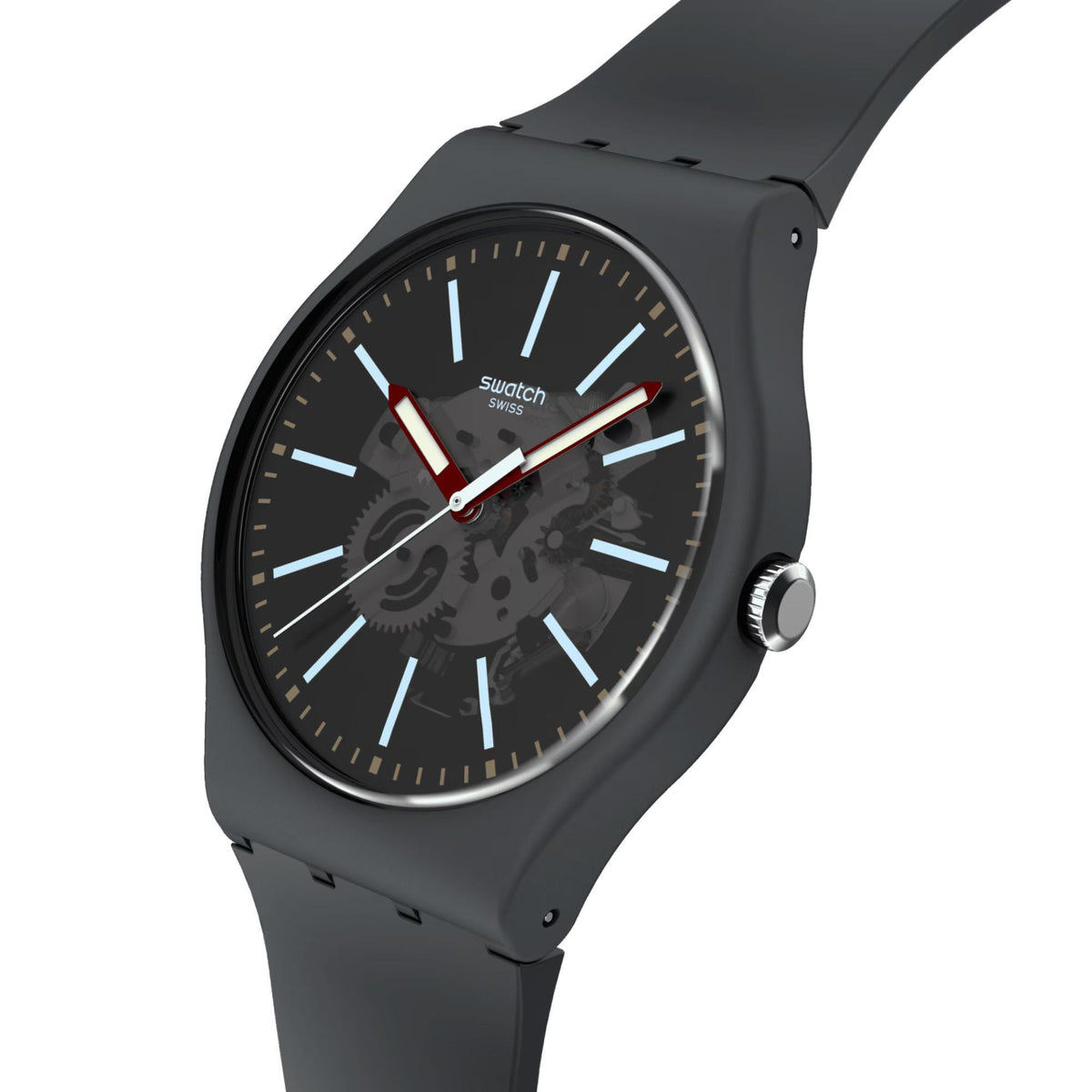 Swatch men's quartz watch angled close-up, black dial, dark gray case, silicone strap