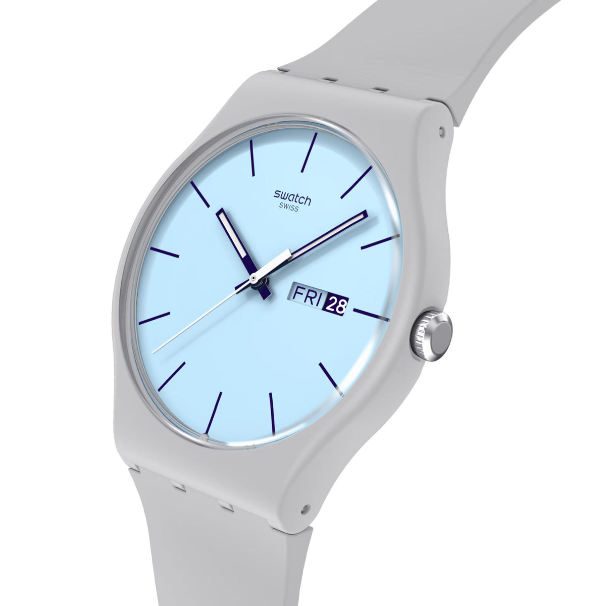 Close-up of blue dial quartz watch with gray silicone strap, day-date window at 3