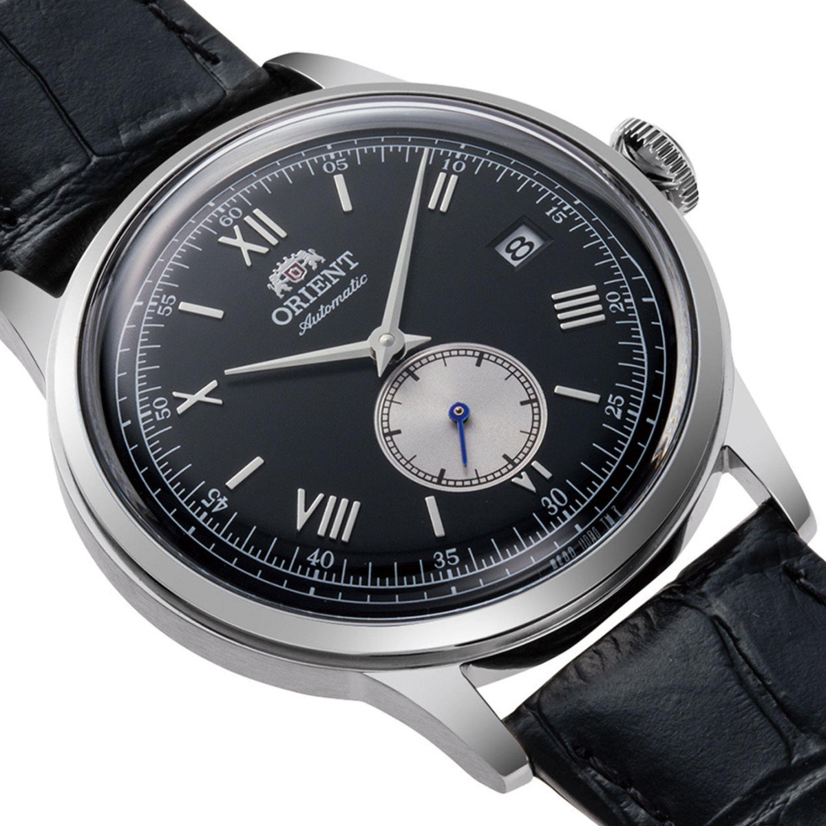 Orient Bambino Version 2 watch AP0101B30B, black dial with Roman numerals, leather strap, small-seconds subdial