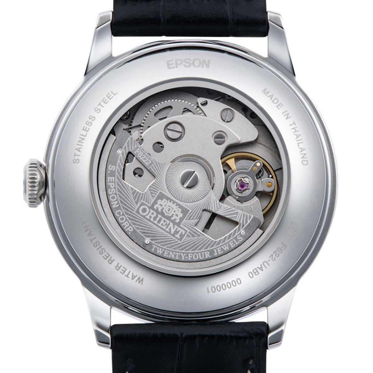 Orient Bambino Version 2 watch caseback with mechanical movement, black leather strap