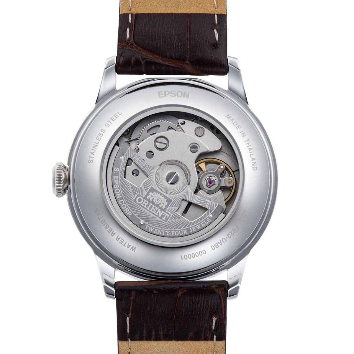 Exhibition transparent case back showcasing the automatic movement of the Orient Bambino RA-AP0105Y30B watch