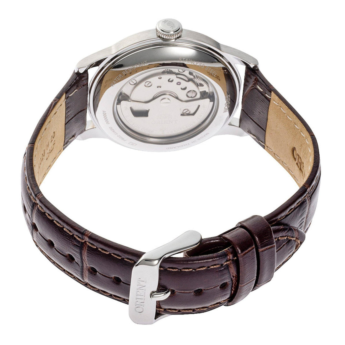 Rear view of the Orient Bambino RA-AP0105Y30B watch displaying the open case back and brown leather strap with a silver pin buckle.