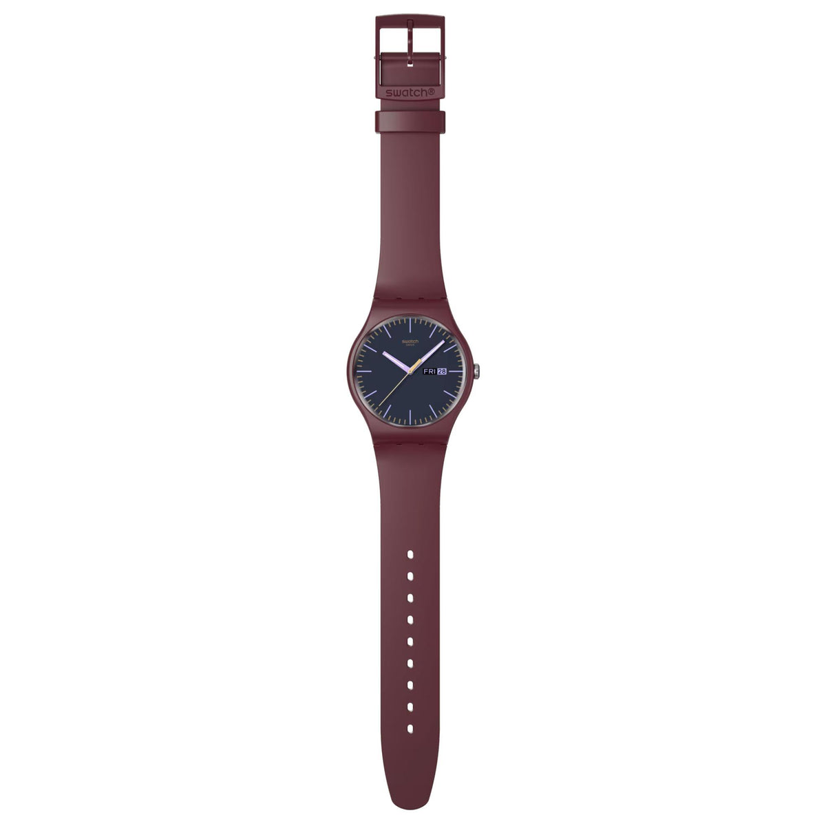 Men's quartz watch with burgundy silicone strap; dark navy dial with minimalist hour markers.