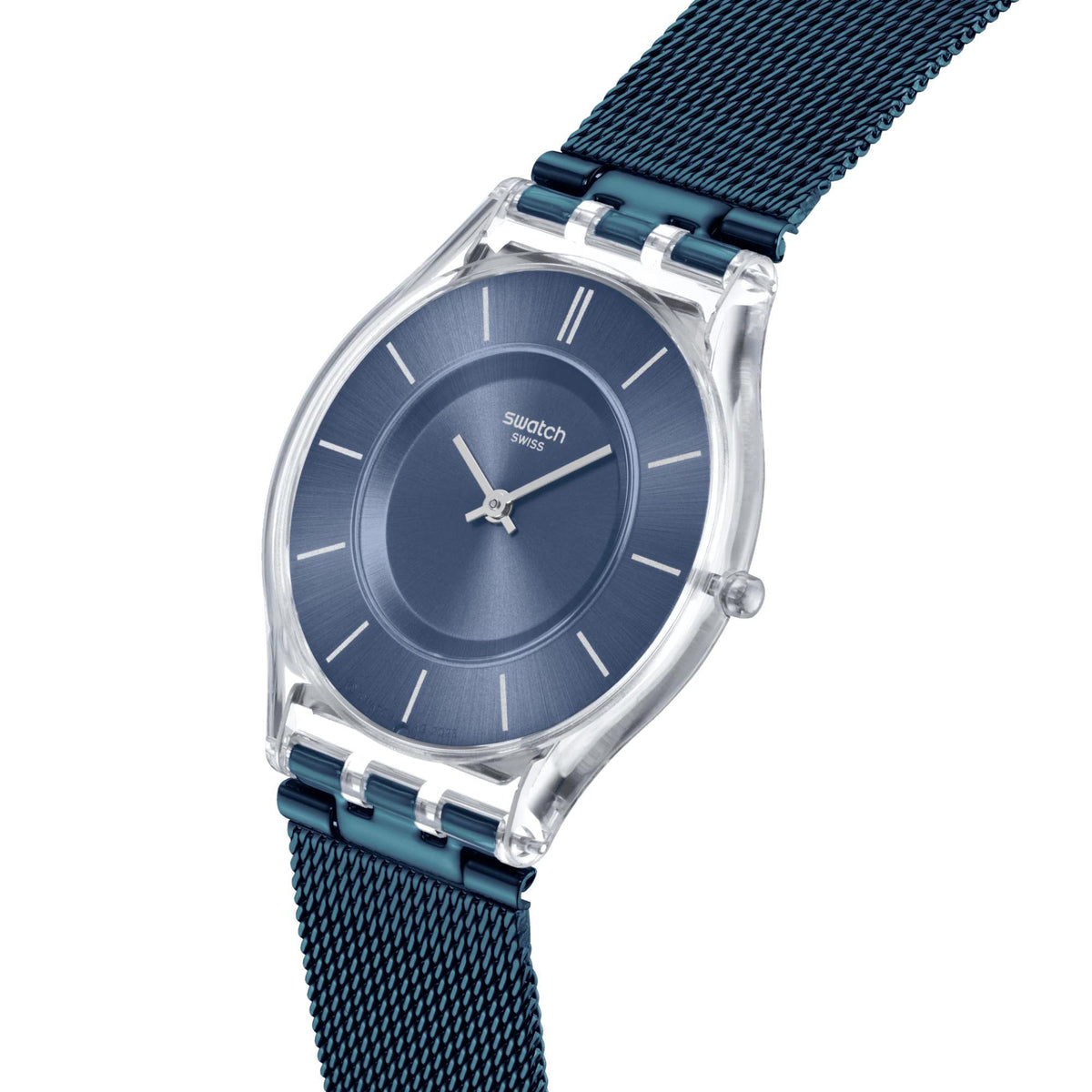 Men’s blue dial quartz watch with stainless steel case and dark blue mesh bracelet