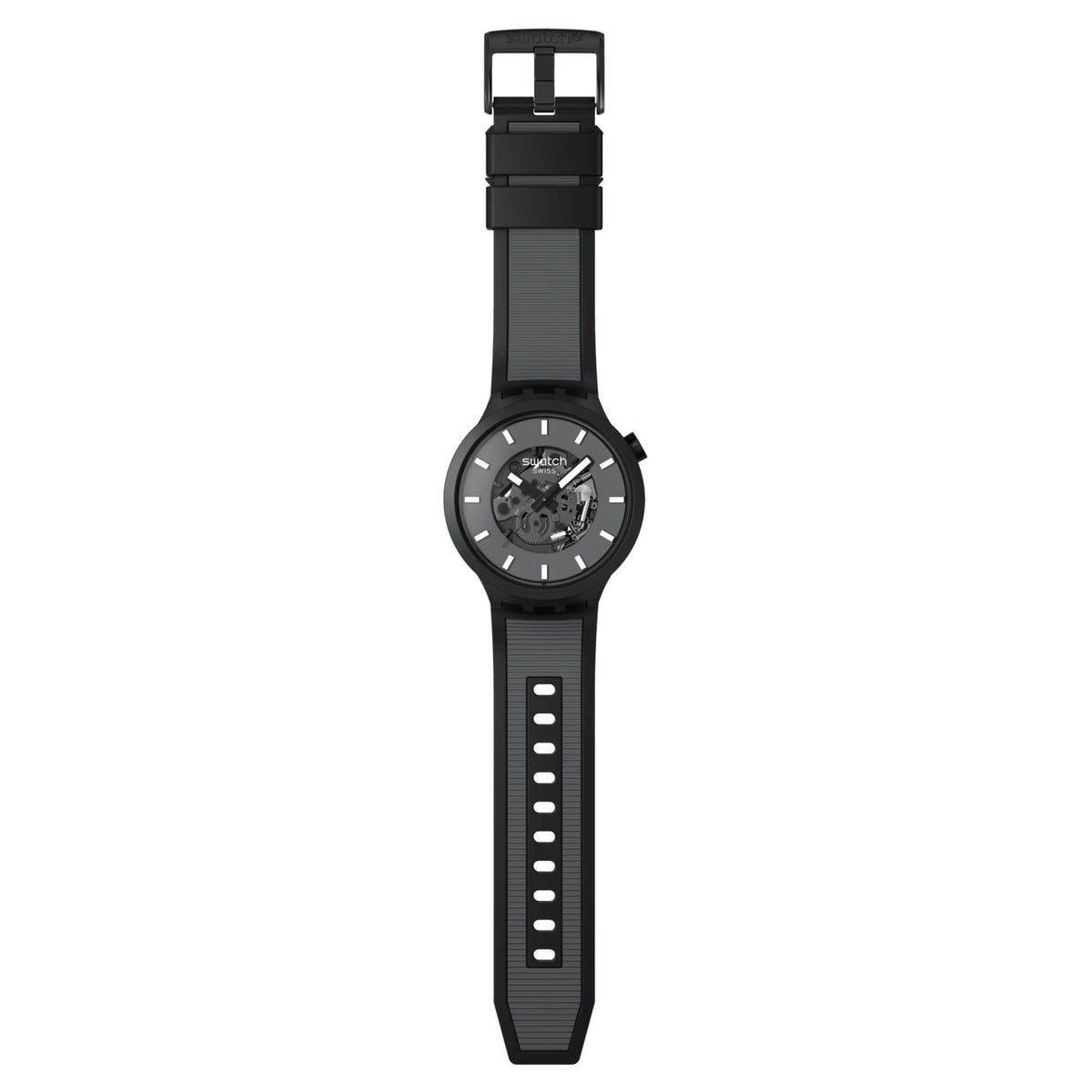 Men's black rubber-strap watch, side view of round case with crown and bezel.