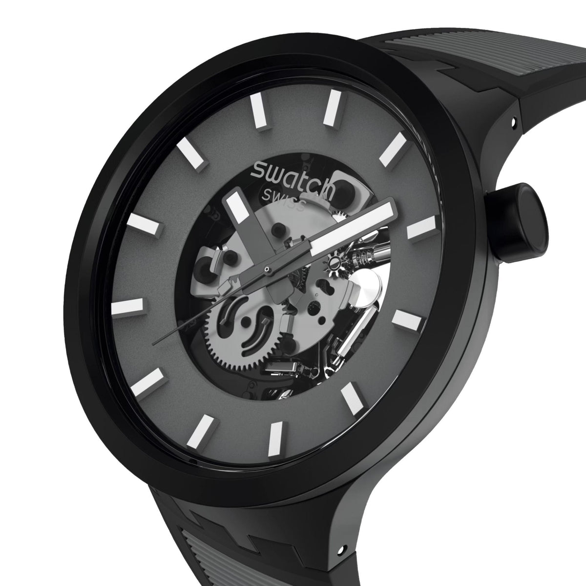 Black skeleton watch dial close-up with 'swatch' logo, baton hour marks, metal hands.