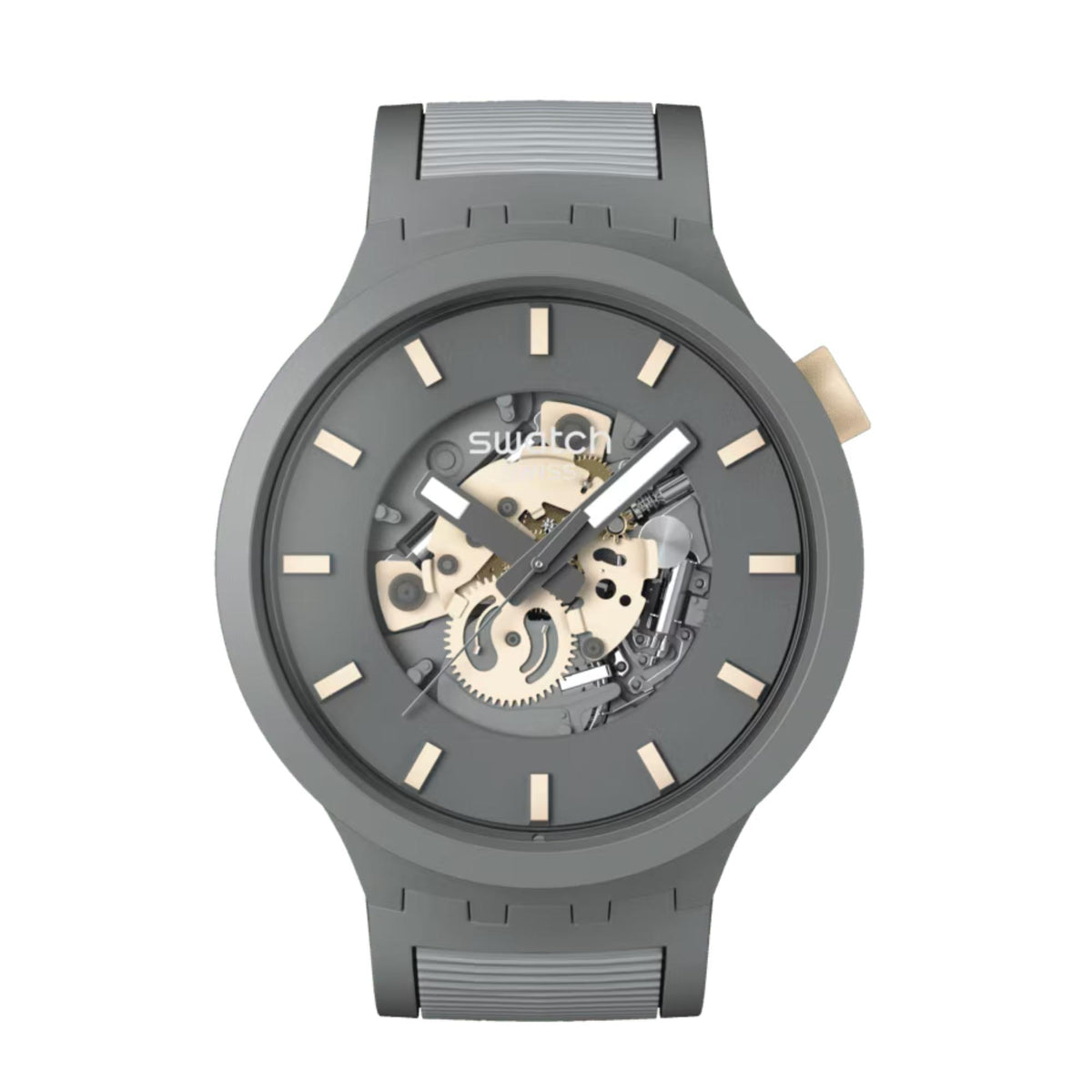 Swatch quartz men’s watch with blue-gray dial, gray silicone strap, analog skeleton movement