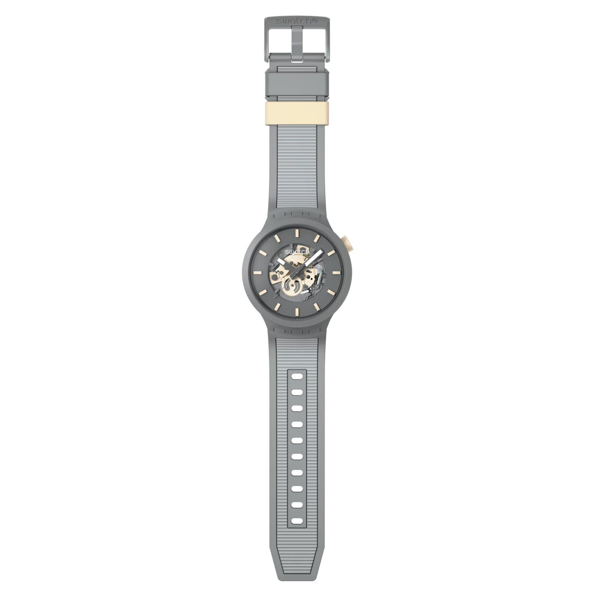 Swatch quartz watch with gray silicone strap and blue-gray skeleton dial, round case