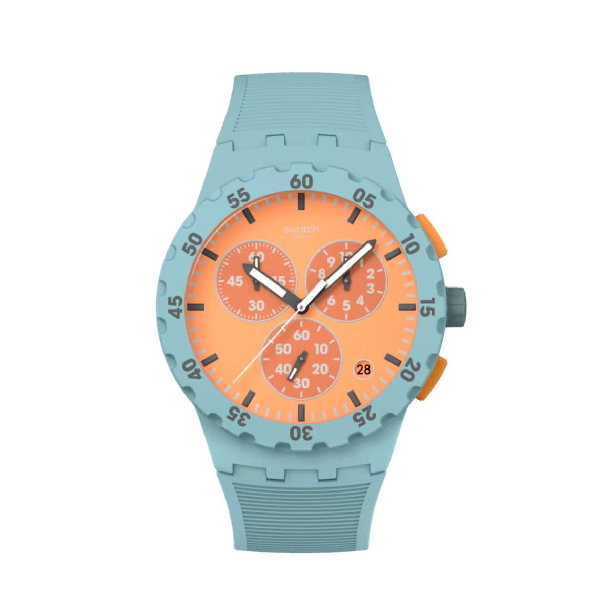 Men's quartz orange dial silicone strap watch with orange chronograph subdials