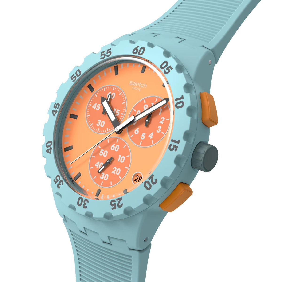 Quartz orange dial watch with silver hands, teal bezel, and textured silicone strap