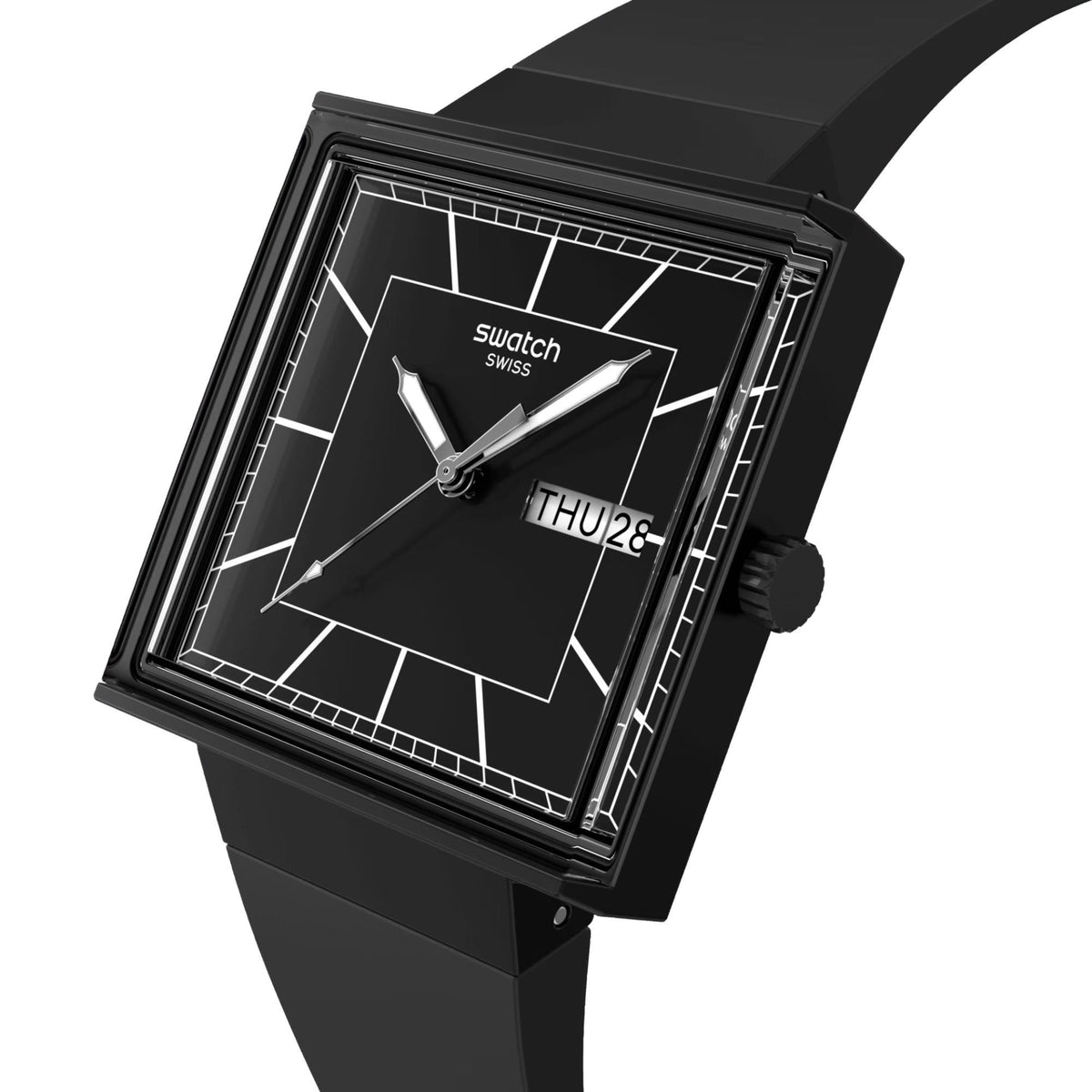 Men's square black quartz watch, black dial with graphic lines and THU 28, black strap