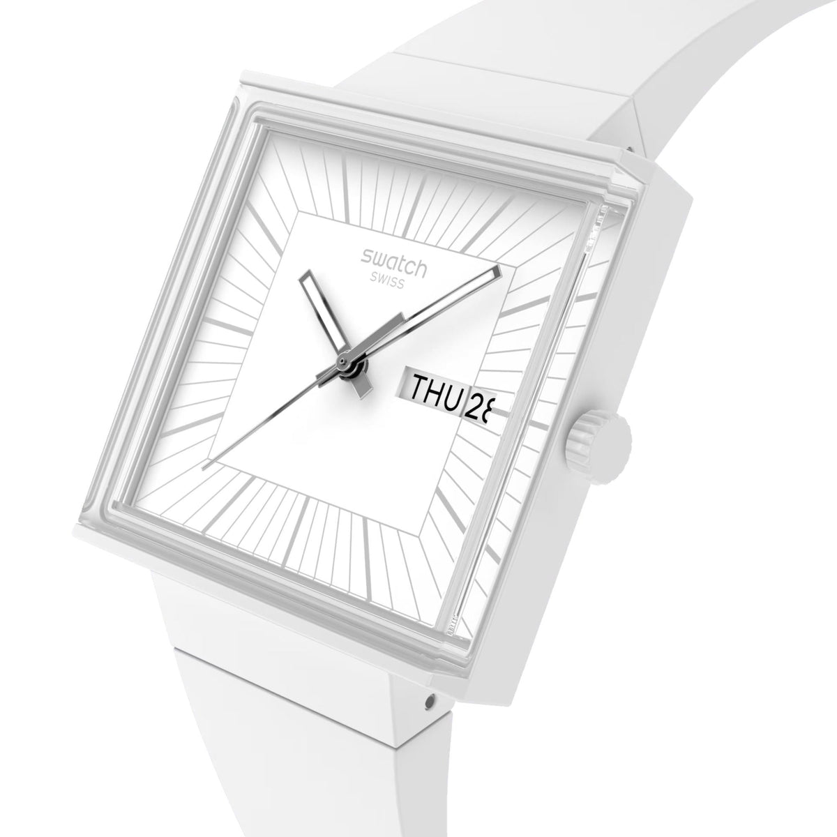 White square dial quartz watch with three-hand markers and silicone strap