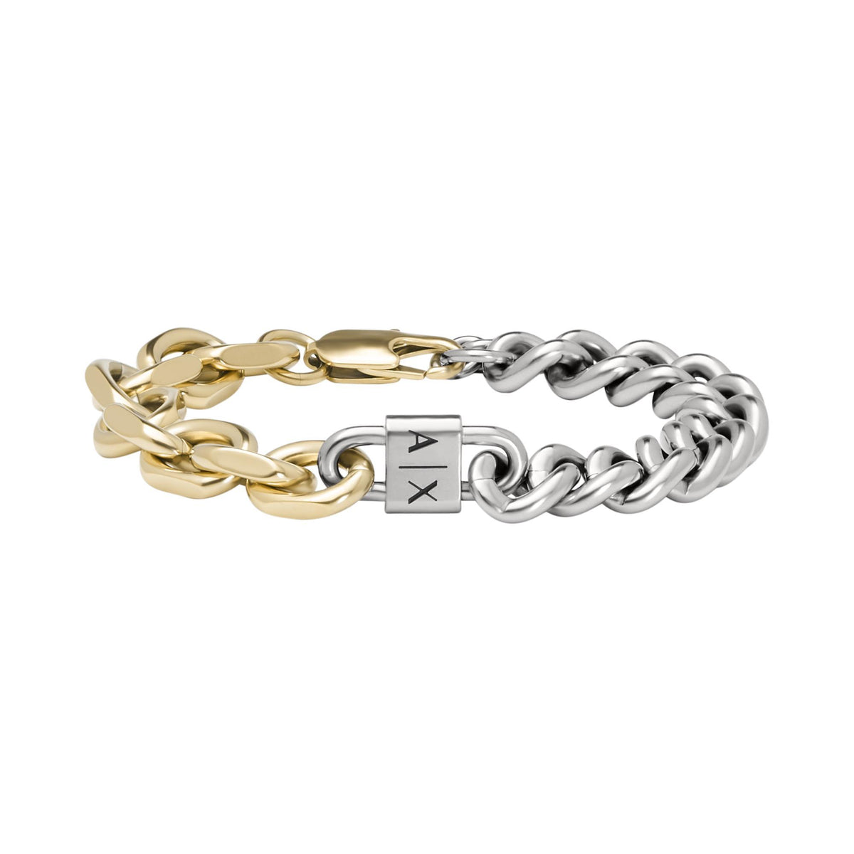 Two-tone stainless steel chain bracelet with alternating links and AX logo center plate