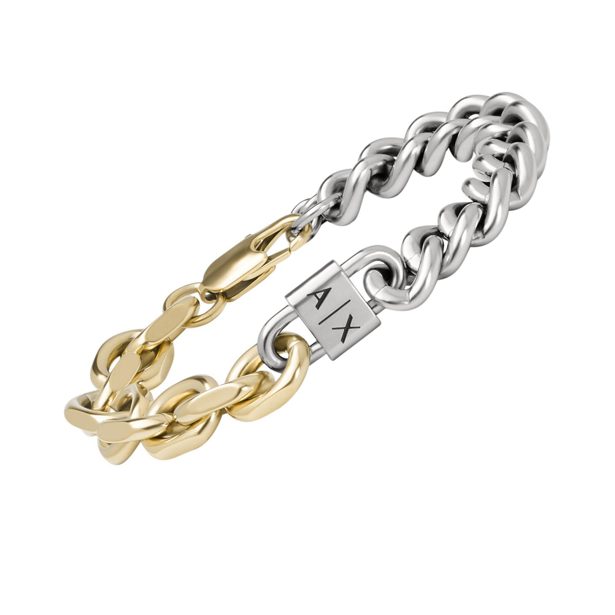 Two-tone stainless steel chain bracelet with AX logo charm and gold-accent link details