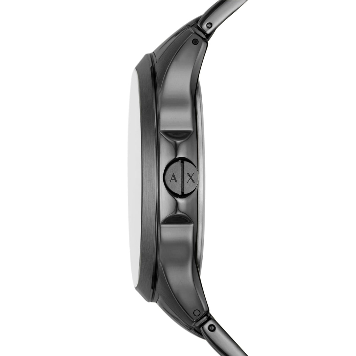 Men's black steel chronograph watch, side view with crown and pushers